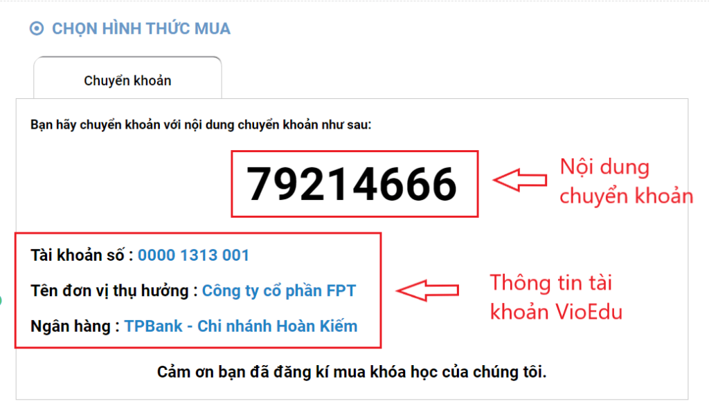 Hướng dẫn chuyển khoản khóa học toán Vioedu