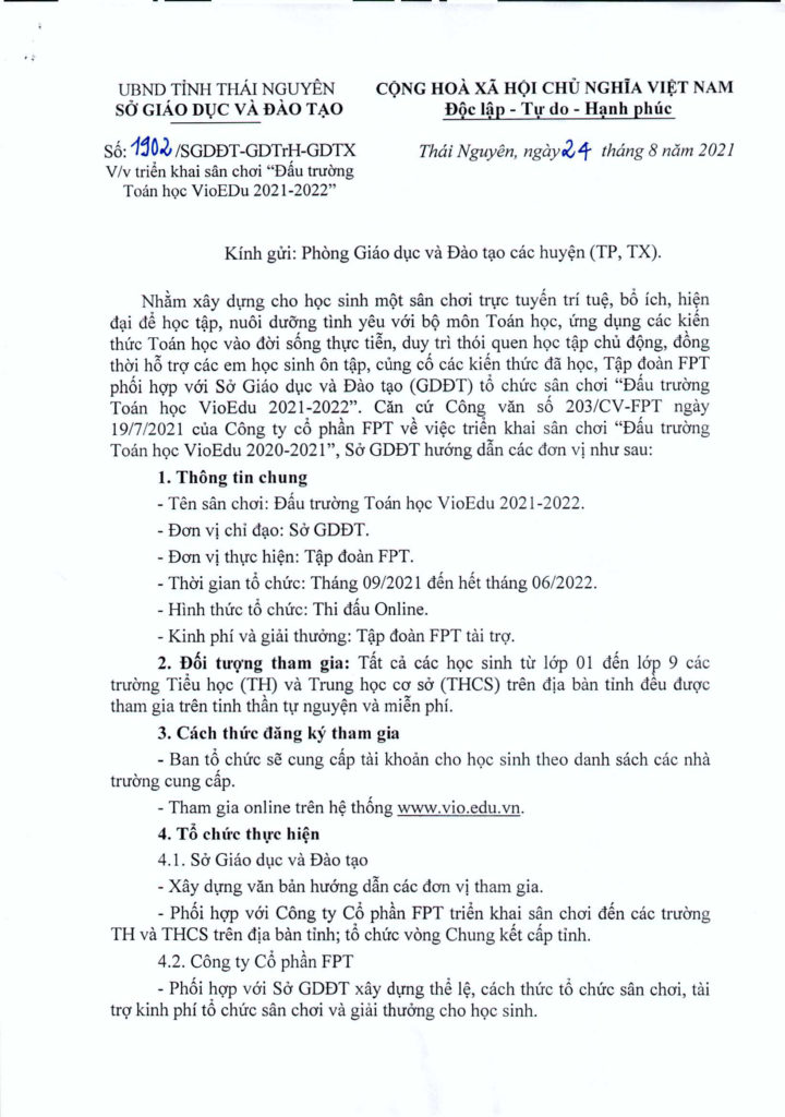 Sở GDĐT Thái Nguyên triển khai đấu trường toán học VioEdu năm học 2021 - 2022 (1)